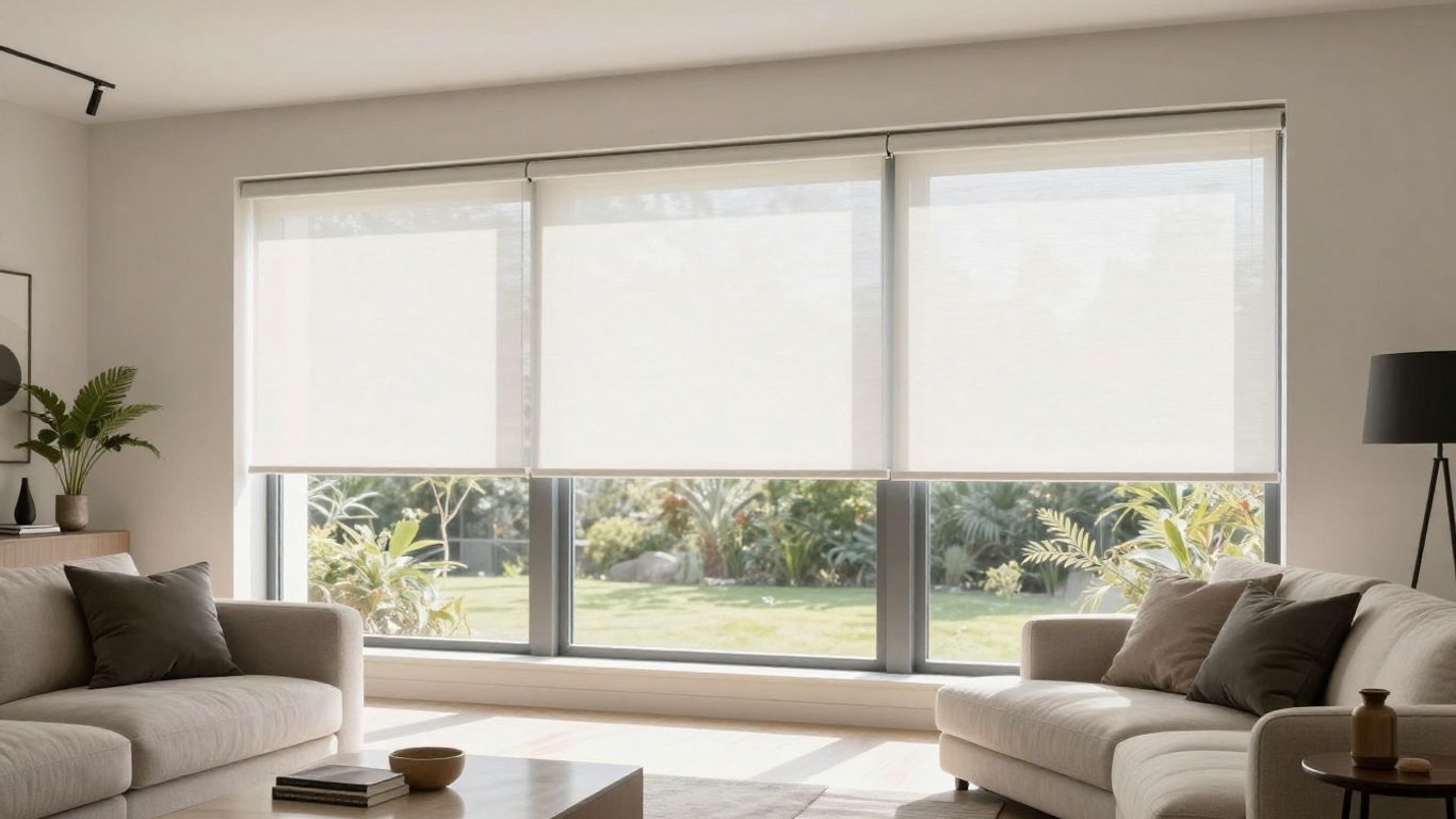 Cordless blinds on a modern living room window.