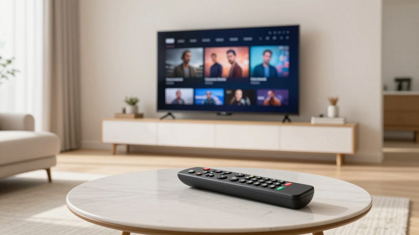 Universal remote controlling a TV in a modern Airbnb living room.