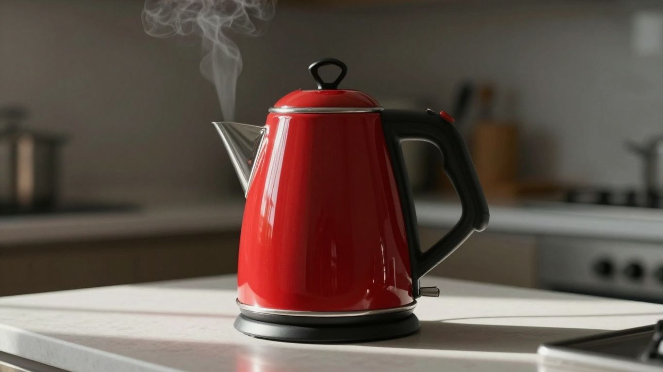 Stylish red electric kettle on a kitchen counter.