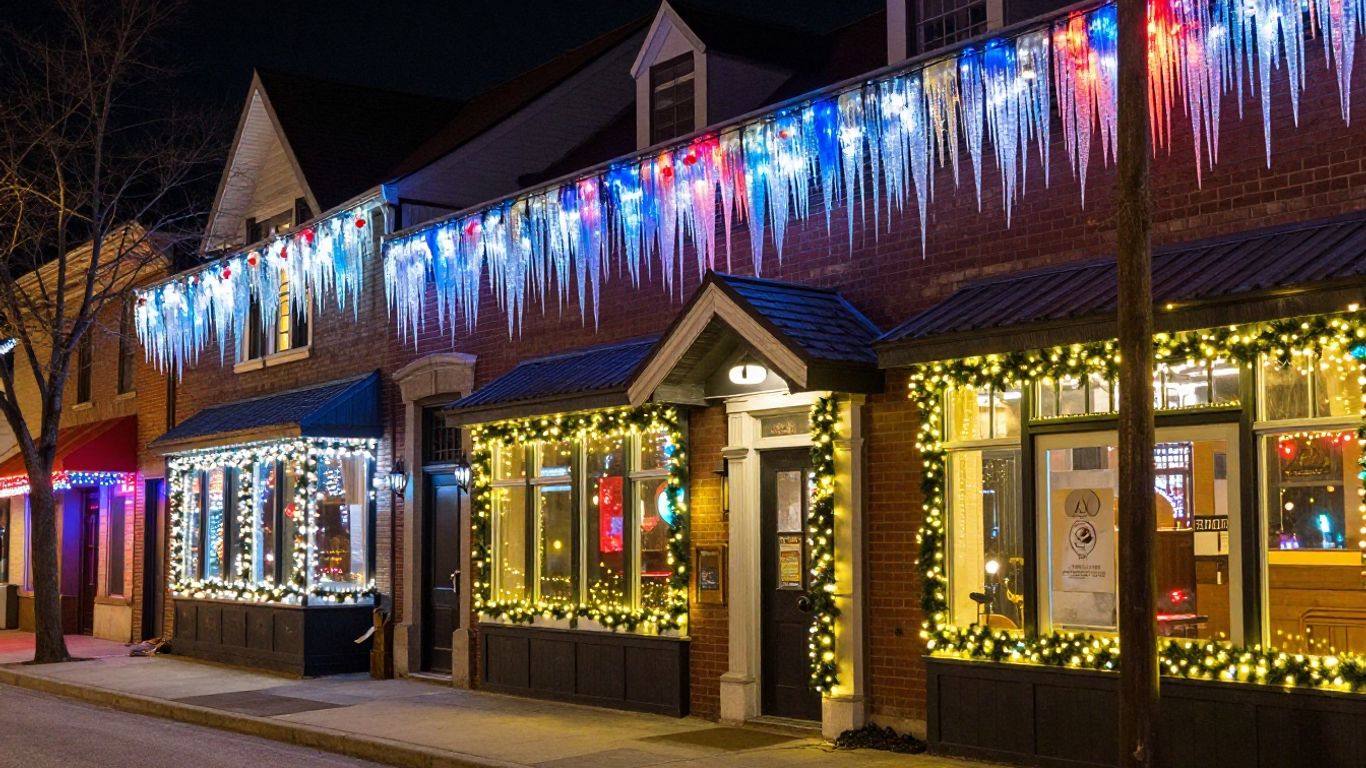 Festive commercial buildings illuminated with colorful Christmas lights.