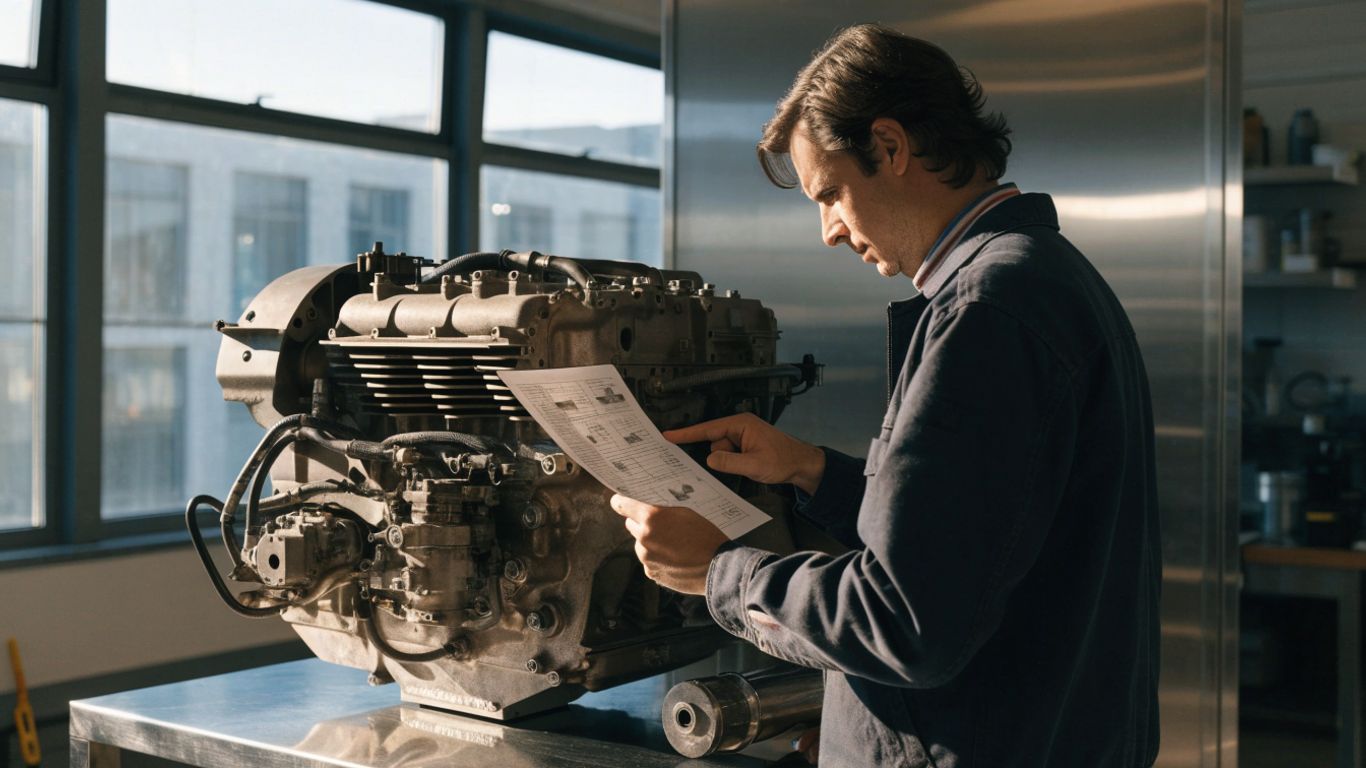 Engine buyer checking specifications beside equipment