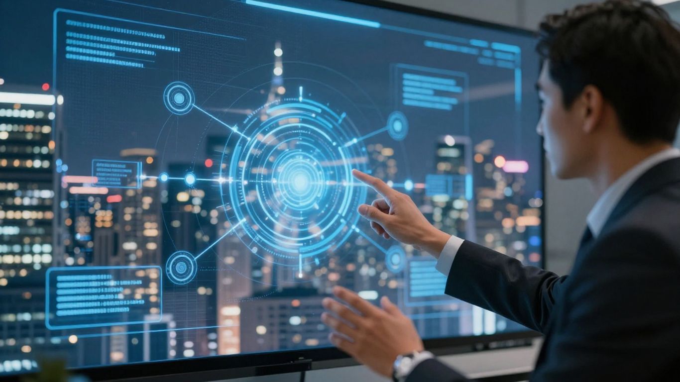AI consultant in Sydney office with holographic data display.