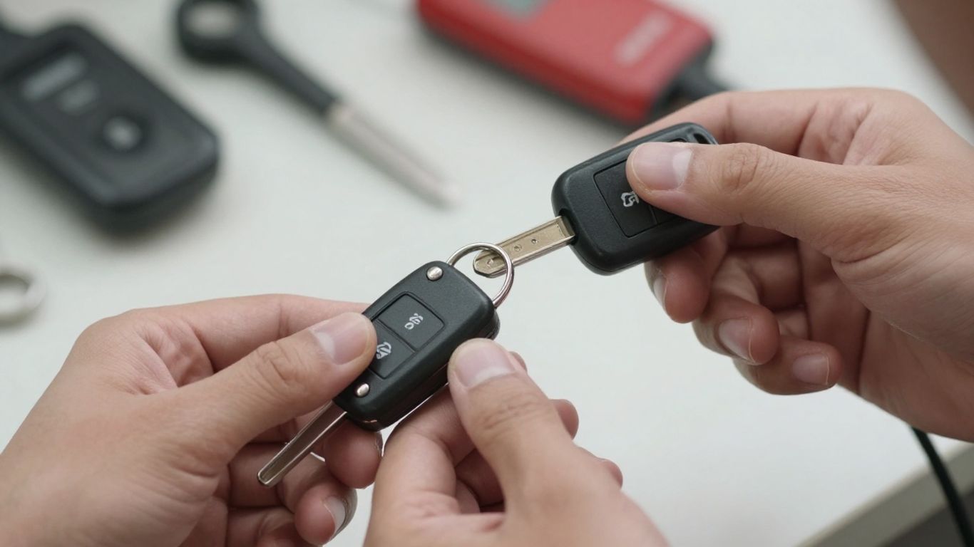 Locksmith programming a car key fob with a device.