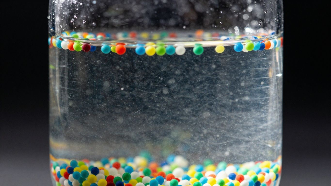Microplastics floating in bottled water.