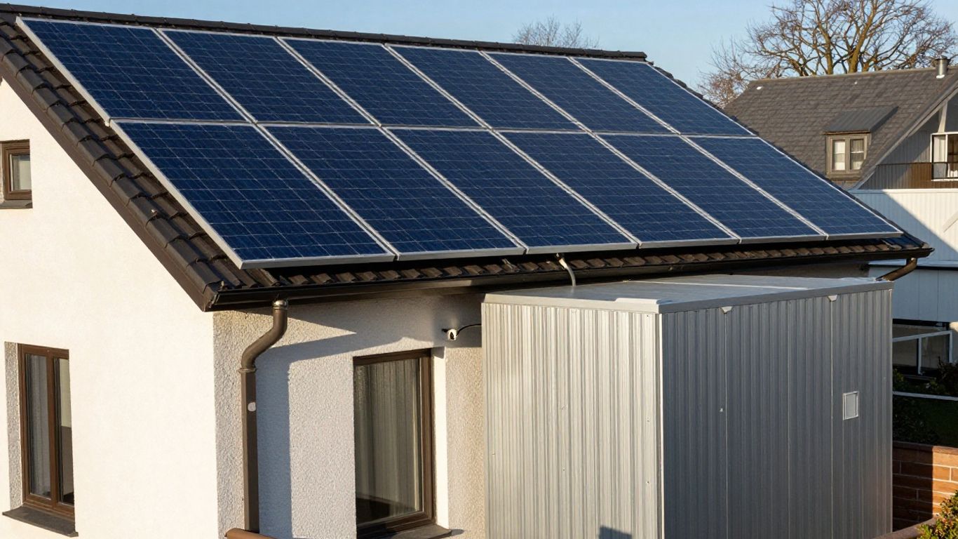 Maison avec panneaux solaires et batterie de stockage d'énergie.