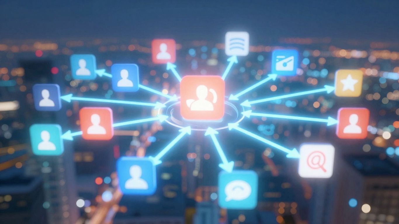 Digital connections between social media and search engine icons.