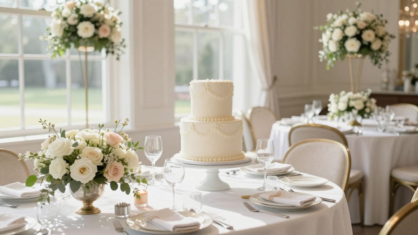 Elegant Dallas baby shower venue with flowers and cake.