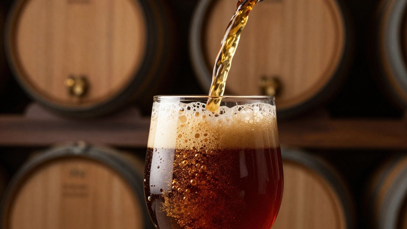 Pouring barrel-aged beer from a bottle into a glass.