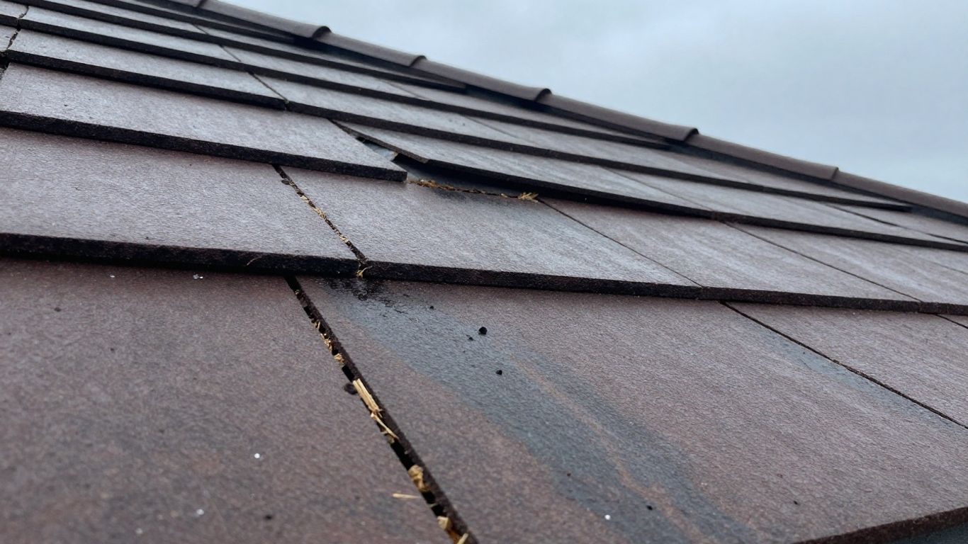 Damaged roof with cracks and water stains.