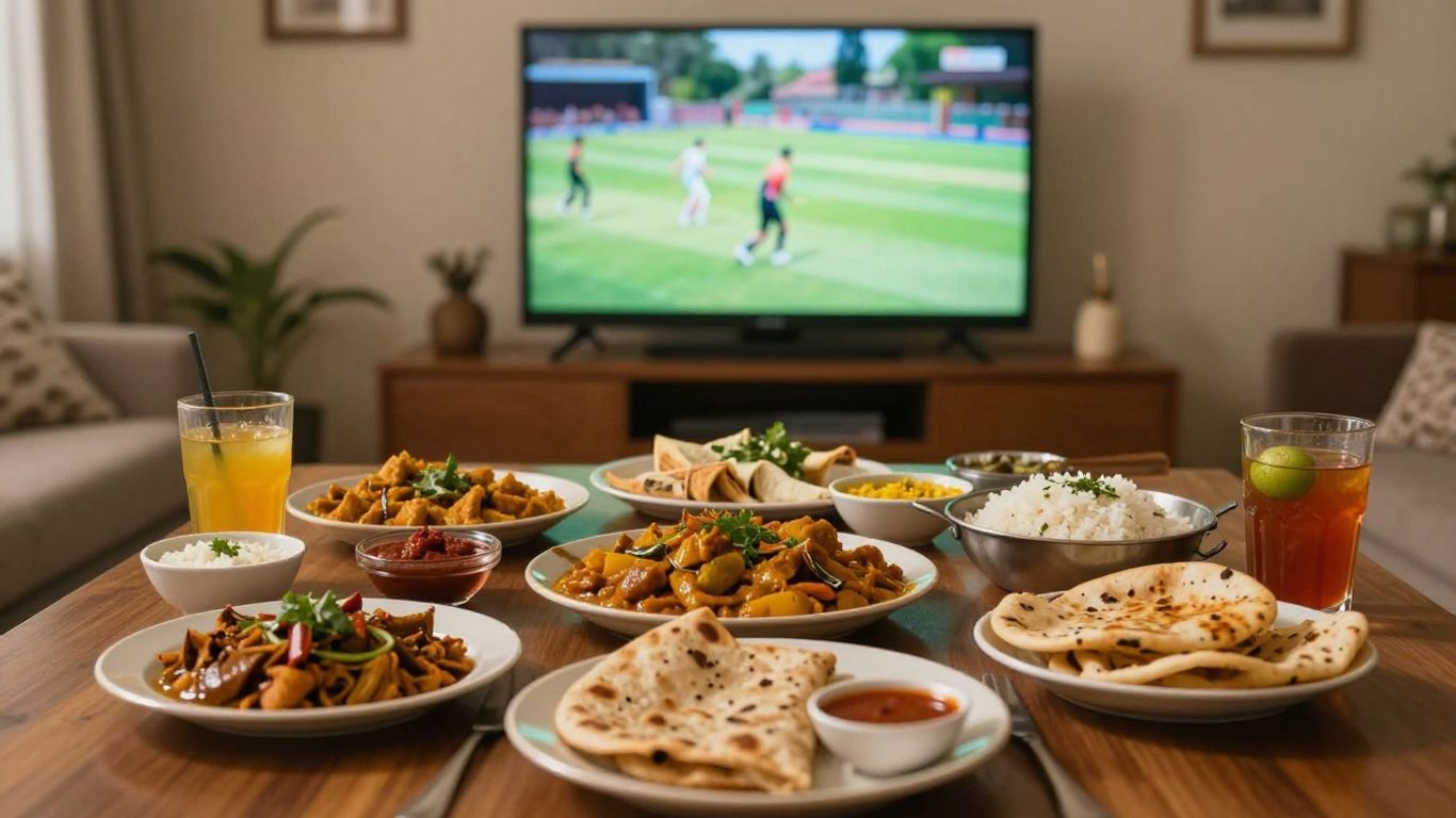 Family-style Indian meal beside cricket television