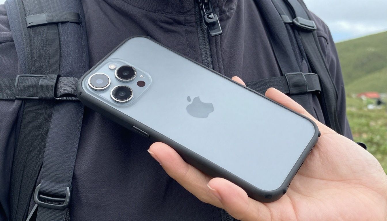 A person hiking in the Blue Mountains, carefully taking a photo with their iPhone 15 Pro in a sturdy case.