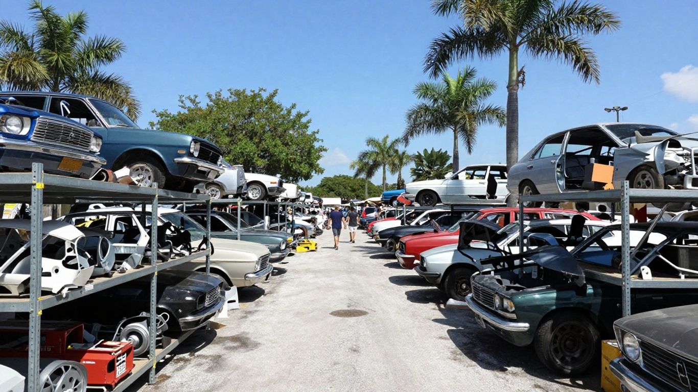 Salvage yard rows with various cars