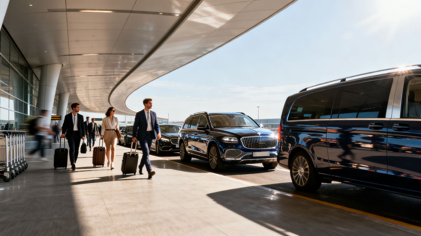 Travelers walking toward a waiting car at an airport