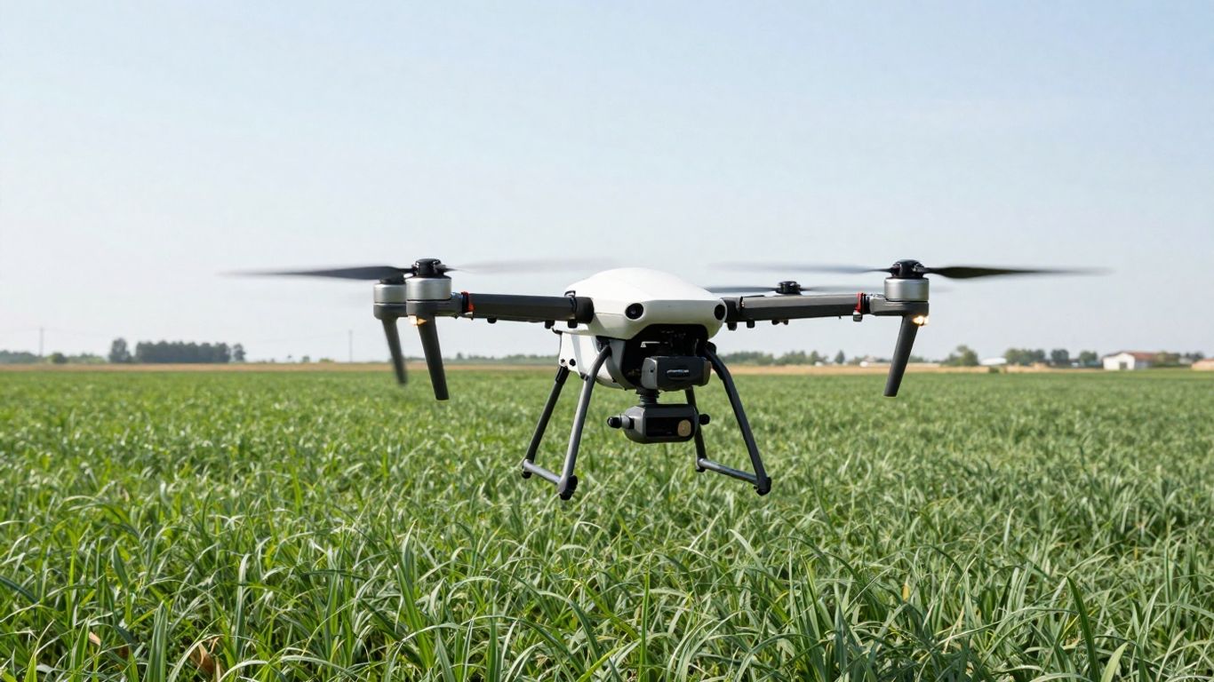 DJI Agras T40 drone flying over green farmland