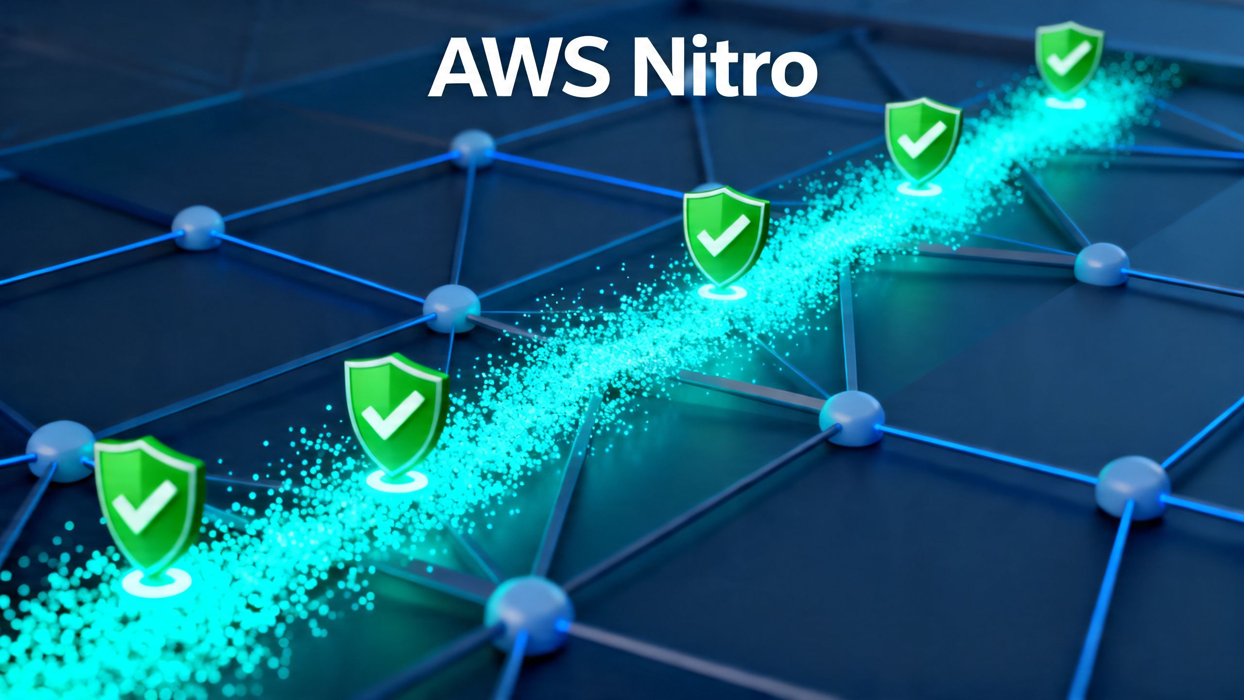 An abstract visualization of data flowing securely through a verified system, illustrating the verified security of the AWS Nitro system.