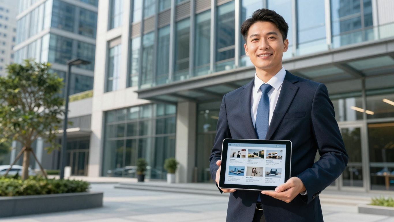 Real estate agent with tablet, modern office building background.