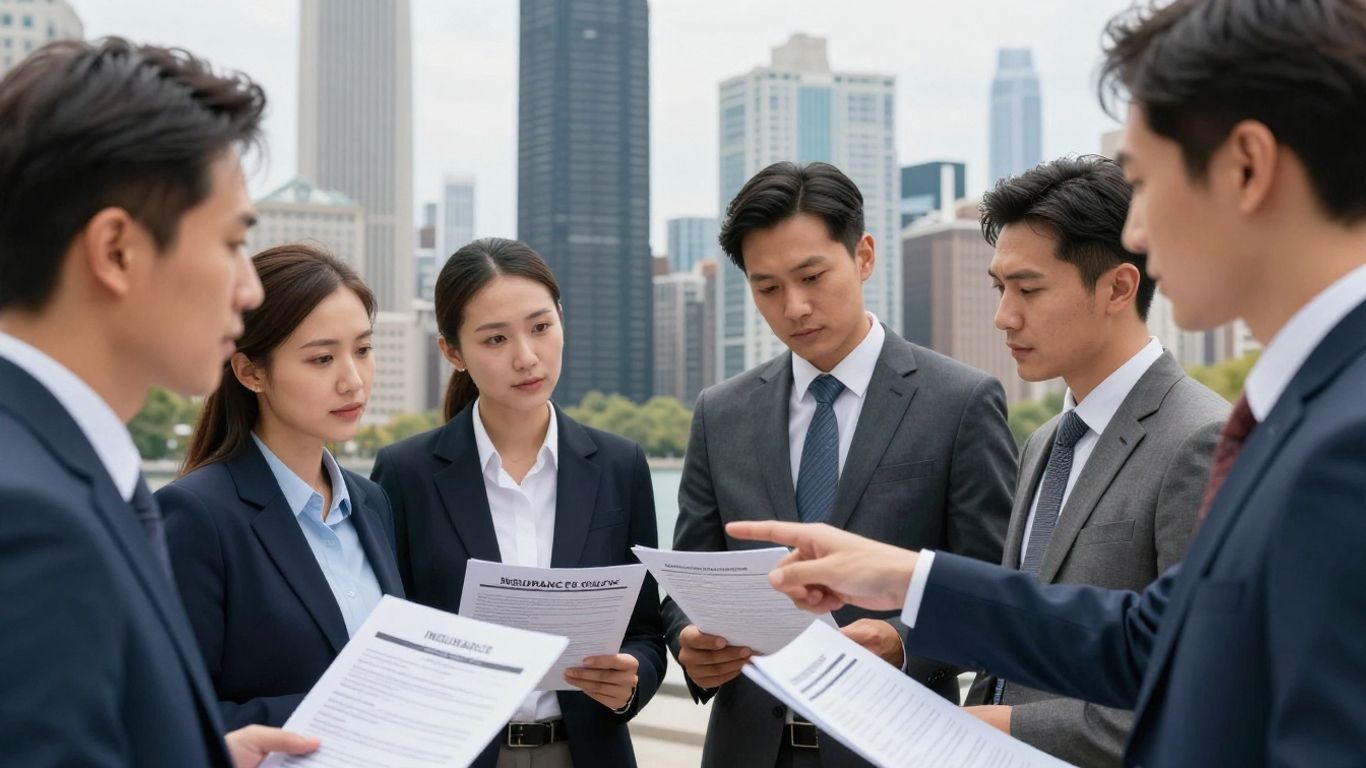 Chicago skyline with people discussing insurance options.