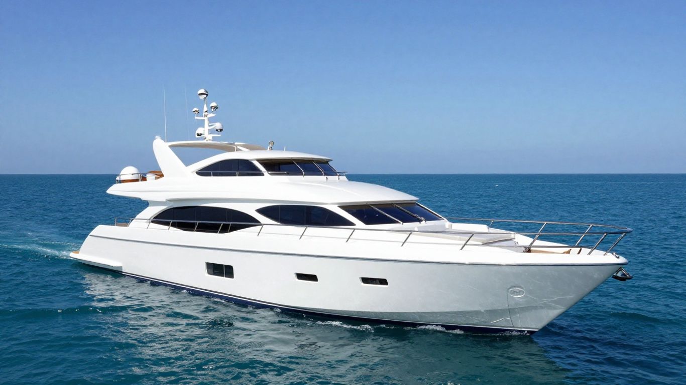 Luxurious yacht sailing on a clear blue ocean.