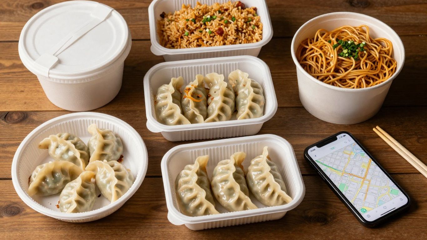 A Chinese takeout spread beside a smartphone
