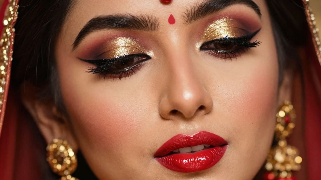 Diwali makeup with shimmering eyes and bold lips.