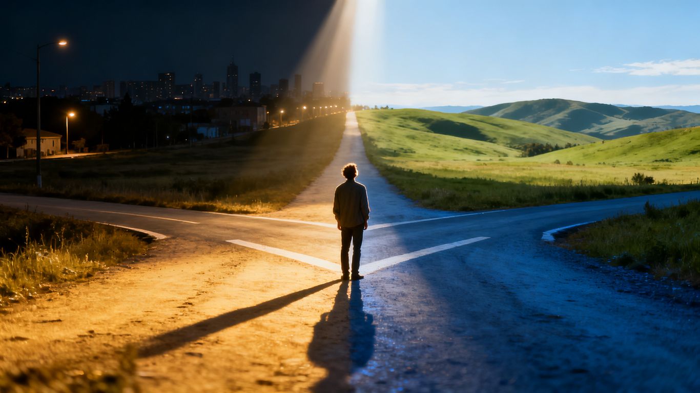 Person at crossroads, choosing a hopeful path.