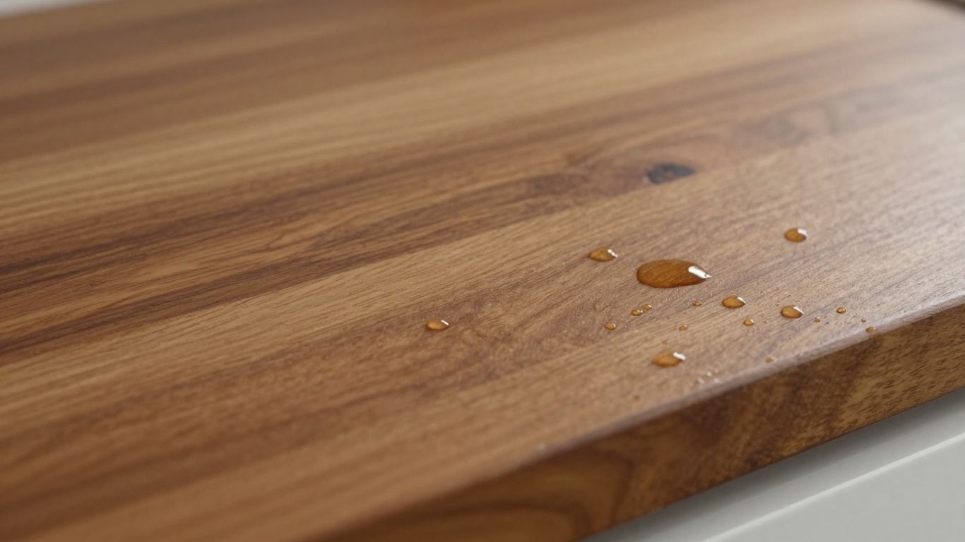 Oiled wooden kitchen worktop with water beading