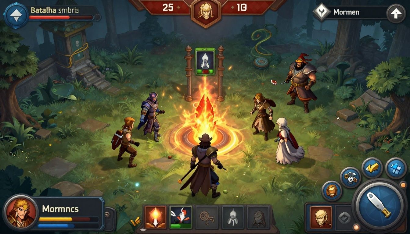 Batalha sombria de Morimens com cartas estratégicas, personagens fantásticos e interface de jogo detalhada