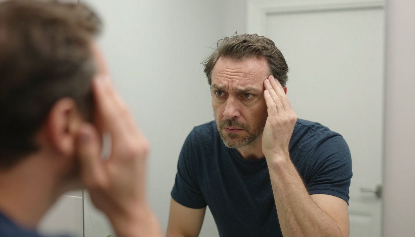 A man in his 40s looking thoughtfully at his reflection in the bathroom mirror, examining his hairline with a sense of concern but not distress.