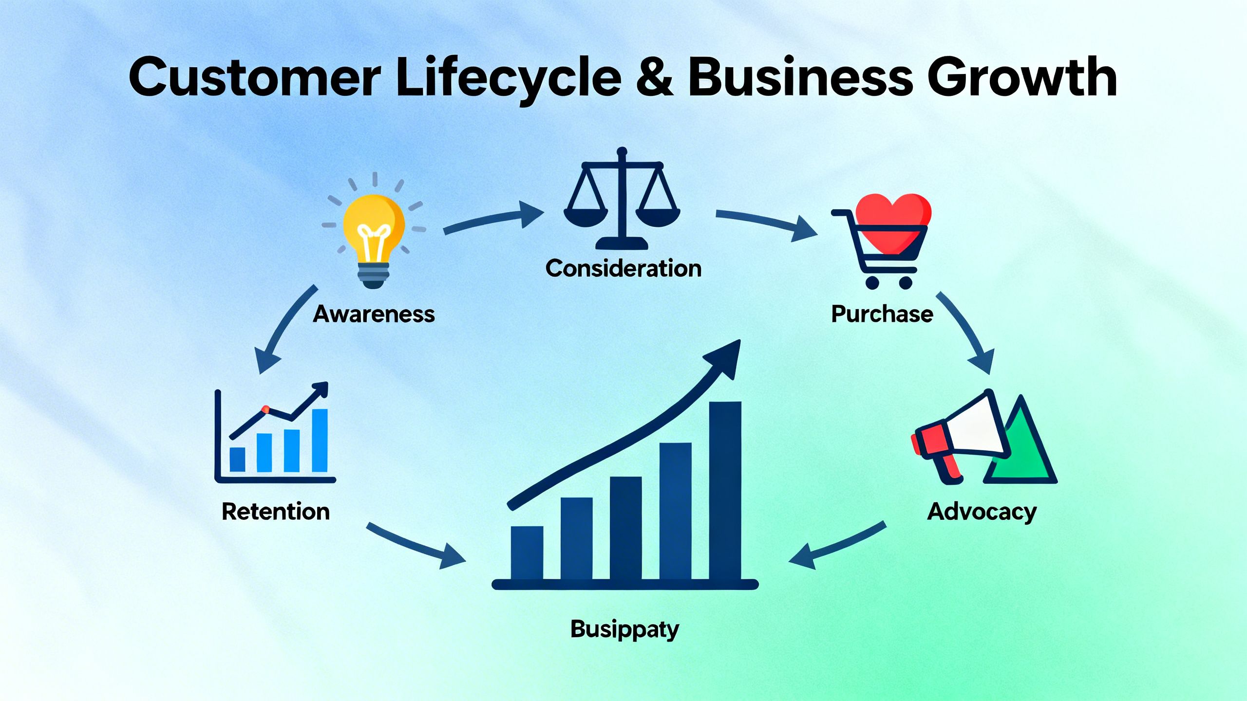 Conceptual illustration of the customer lifecycle stages from awareness to advocacy, showing business growth