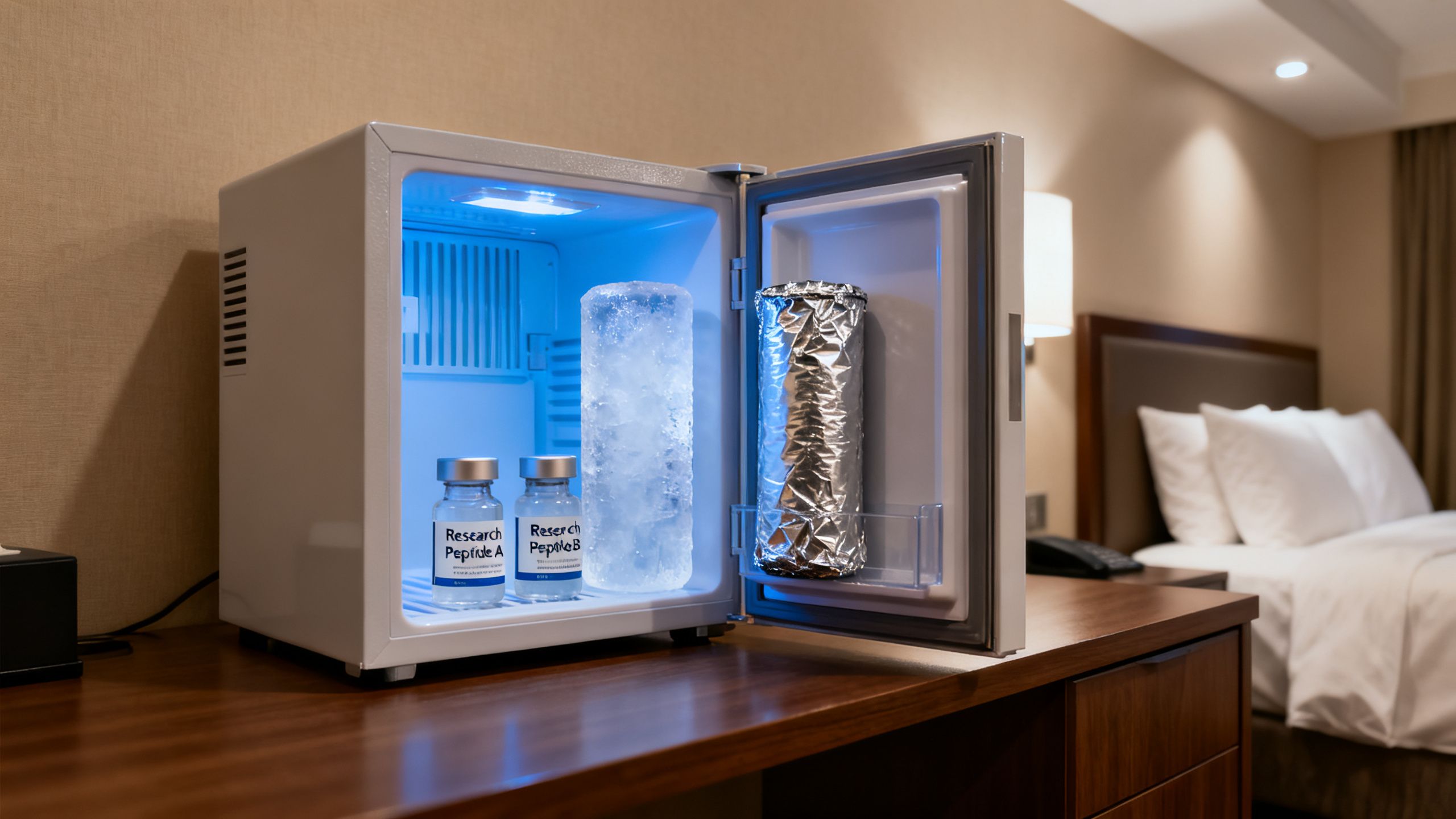 Packing a travel kit with research peptides and a chilled ice core in a hotel room refrigerator