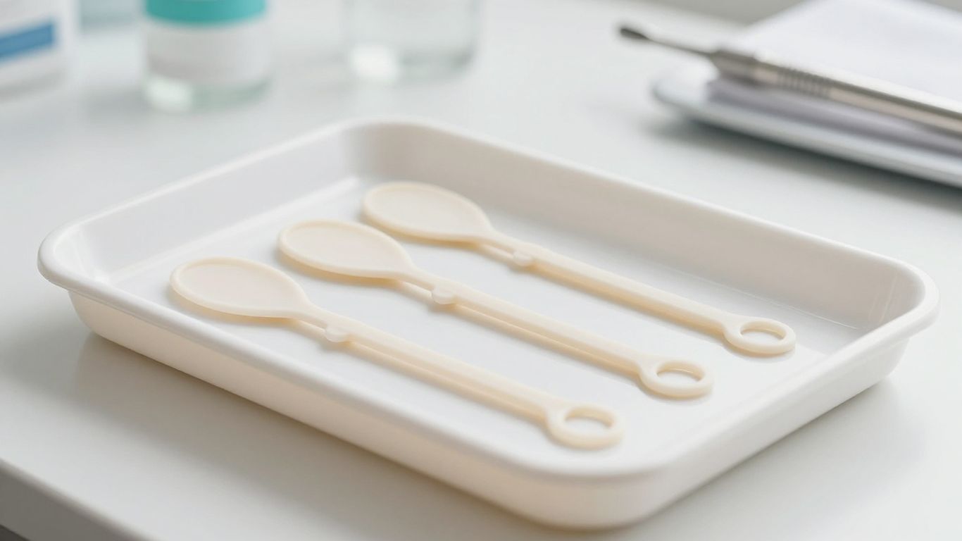 Dispositivos intrauterinos sobre uma mesa clínica