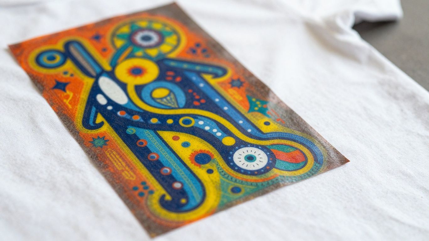 Printable iron-on paper transferring a design onto a t-shirt.