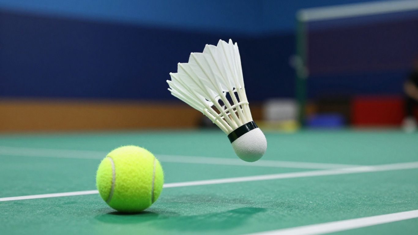 Badminton shuttlecock and tennis ball on court