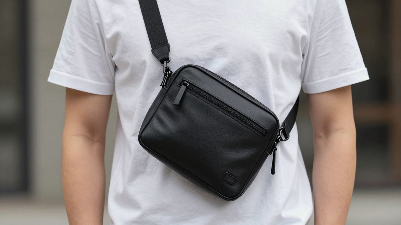 Man wearing a black leather crossbody bag.