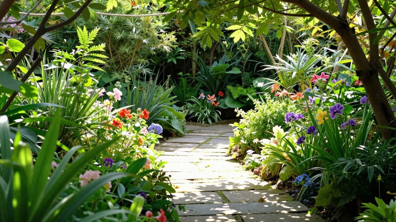 Secret garden with lush greenery and flowers