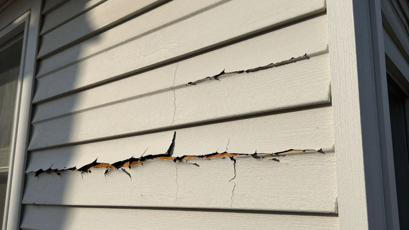 Damaged house siding with cracks and peeling paint