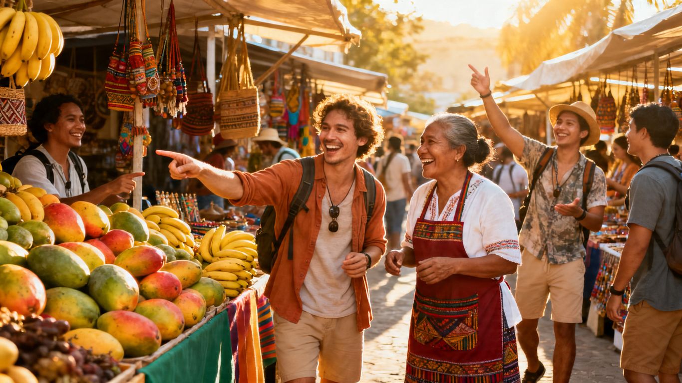Travelers communicating with locals in a vibrant marketplace.