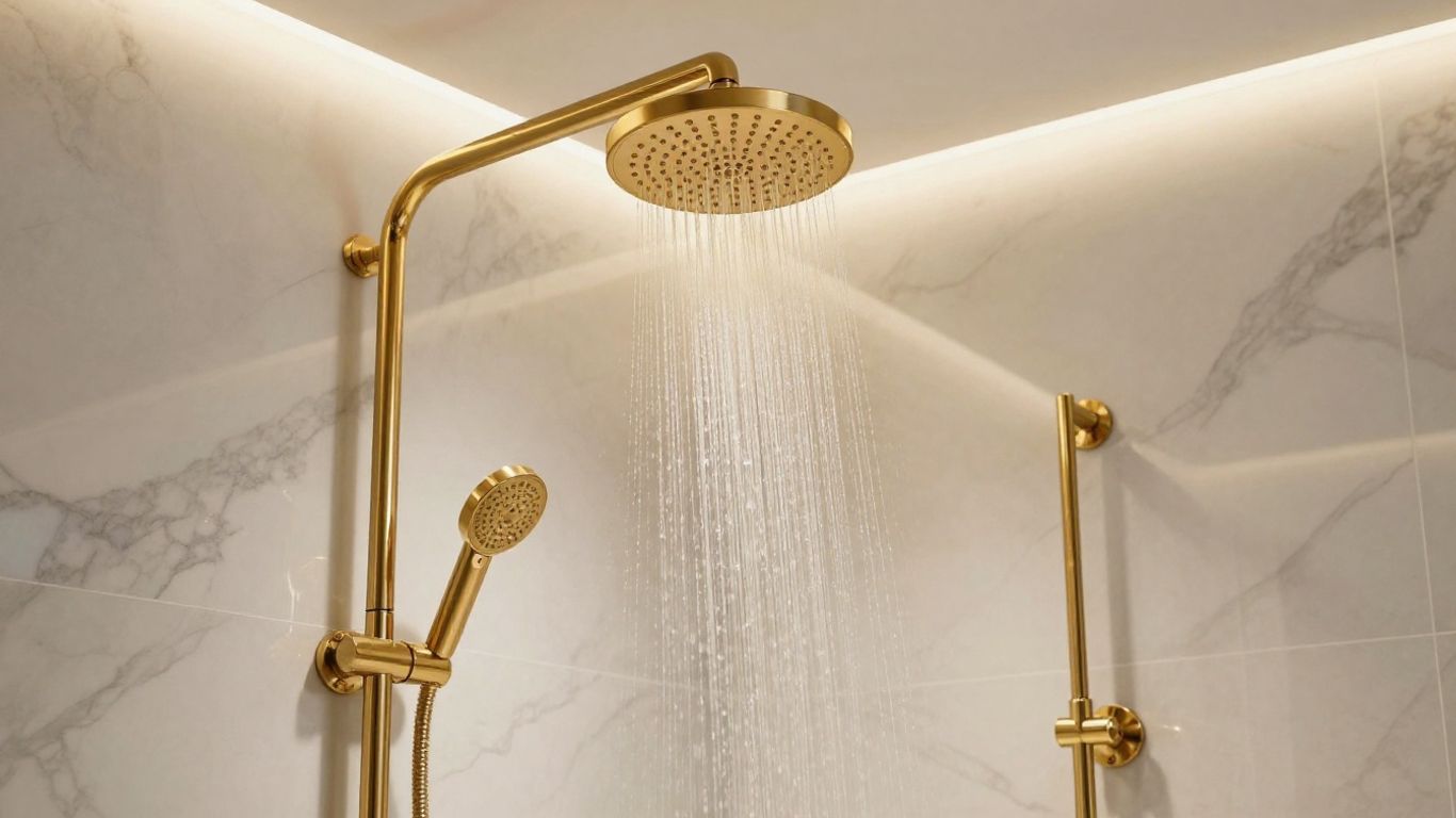 Gold rainfall showerhead with cascading water.