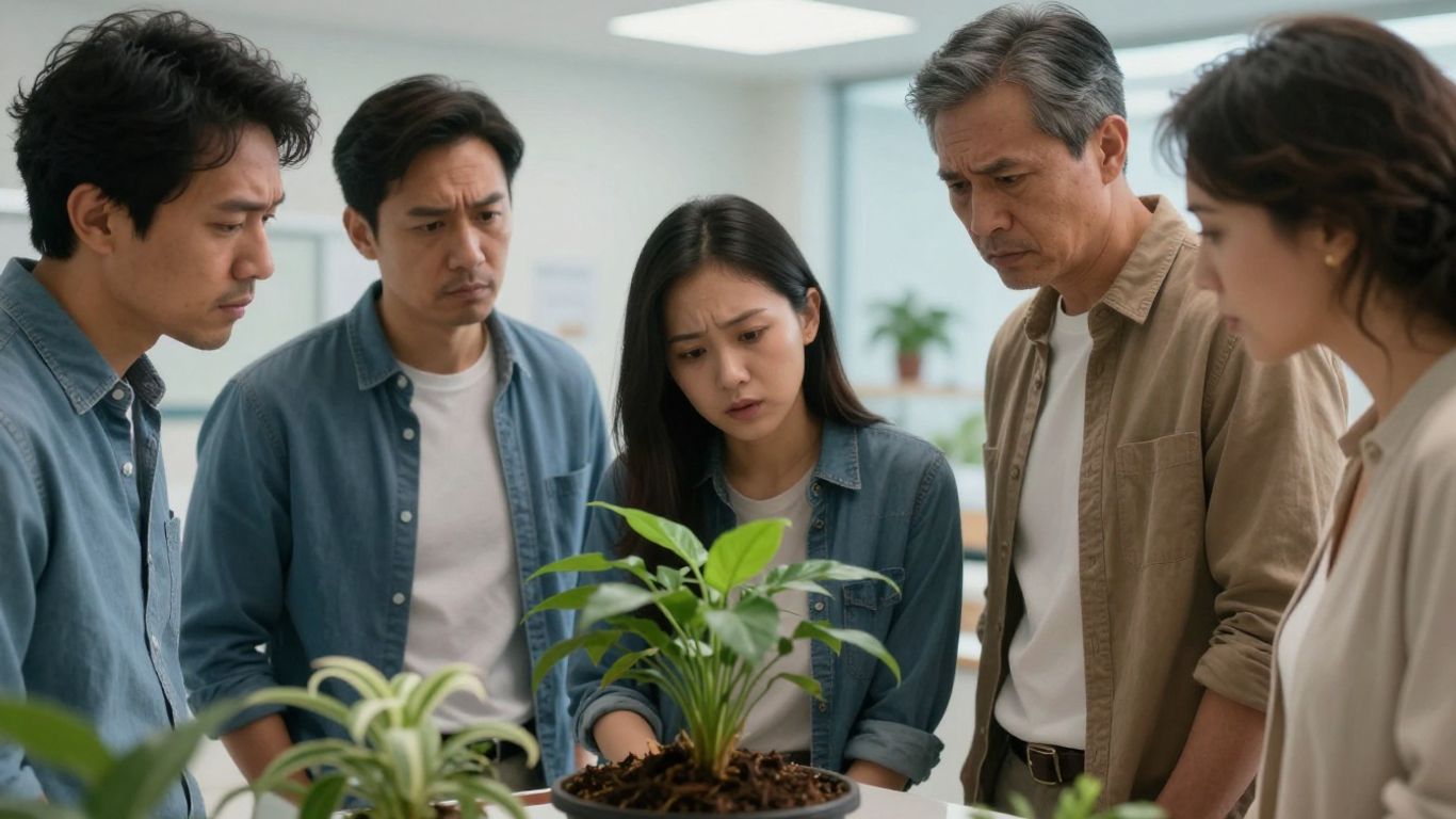 Diverse Americans worried about a wilting plant in a clinic.