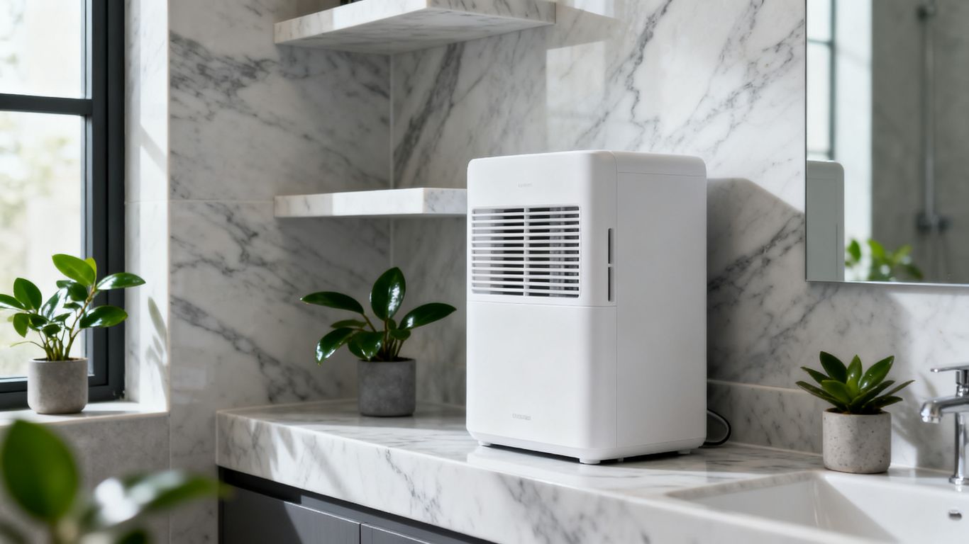 A compact dehumidifier on a shelf