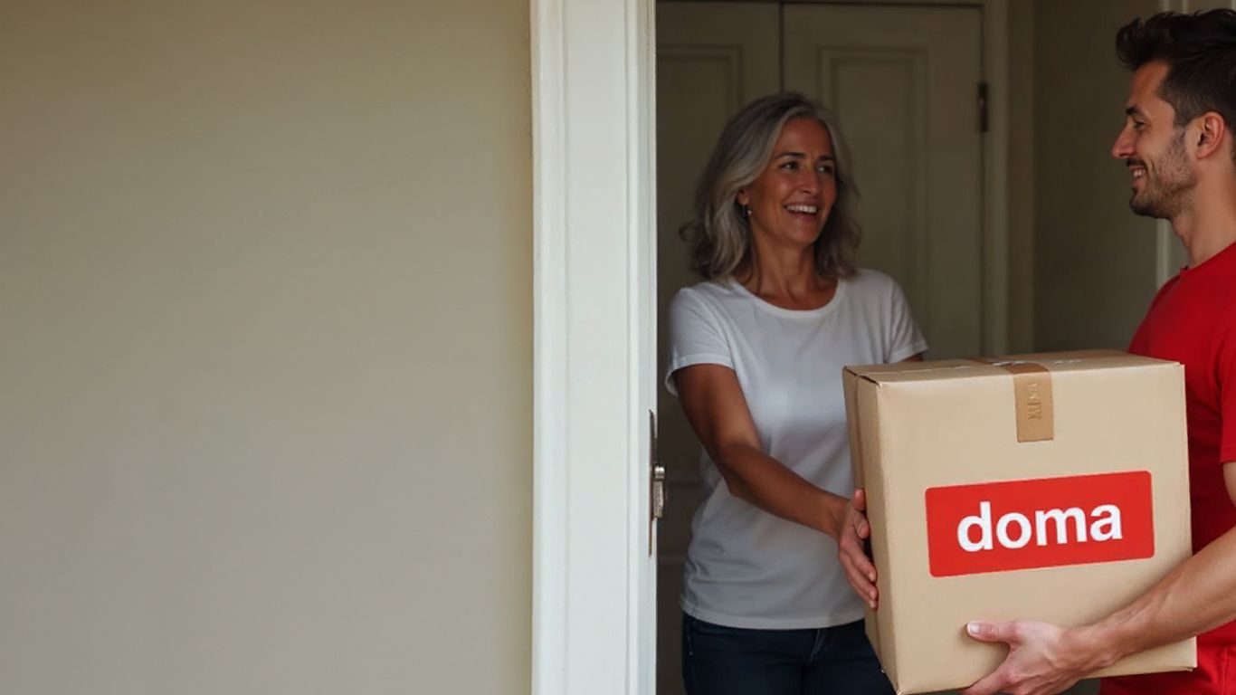 A delivery person hands a package with a red 'doma' logo to a person.
