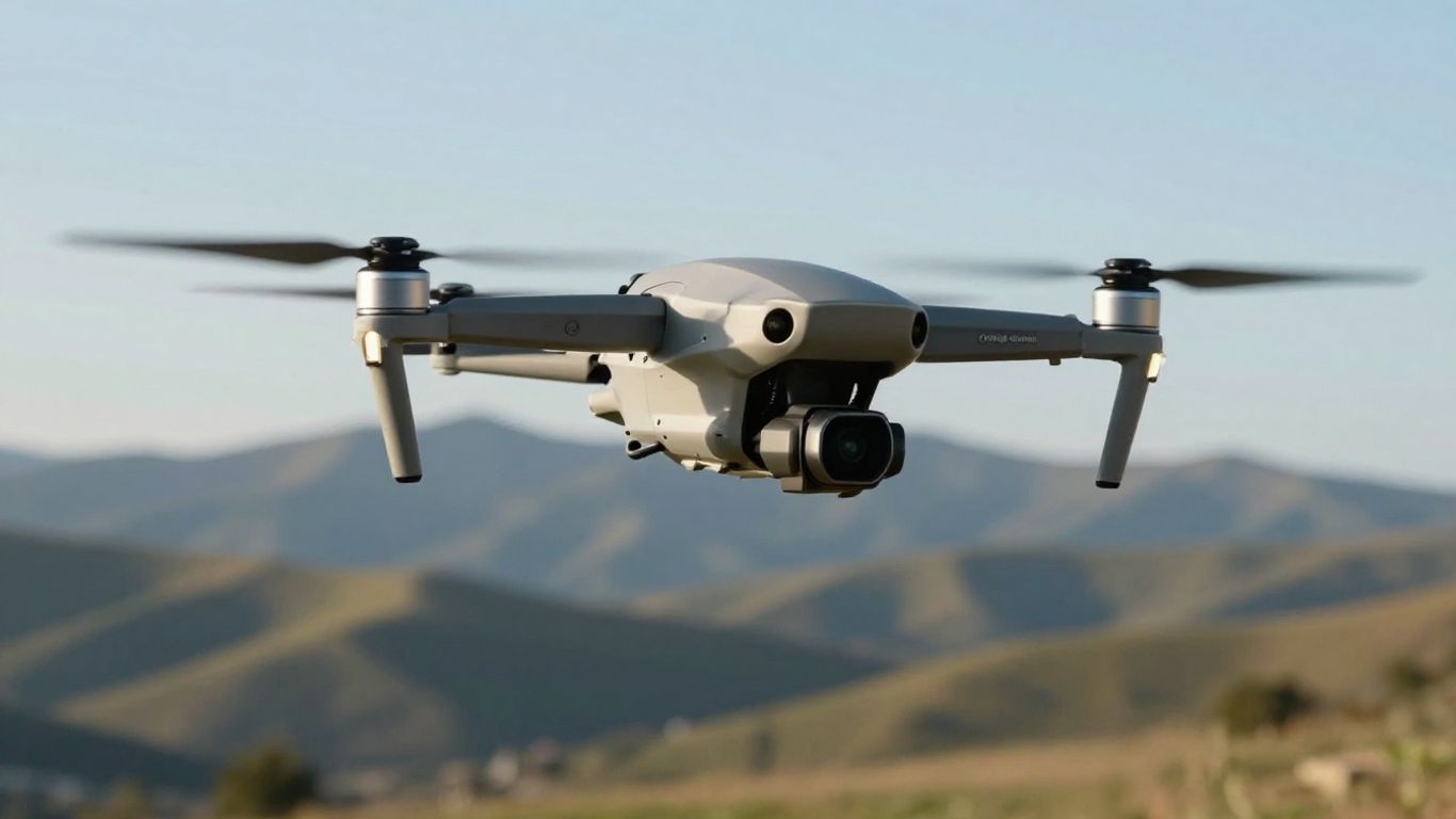 A professional drone flying over a remote industrial landscape