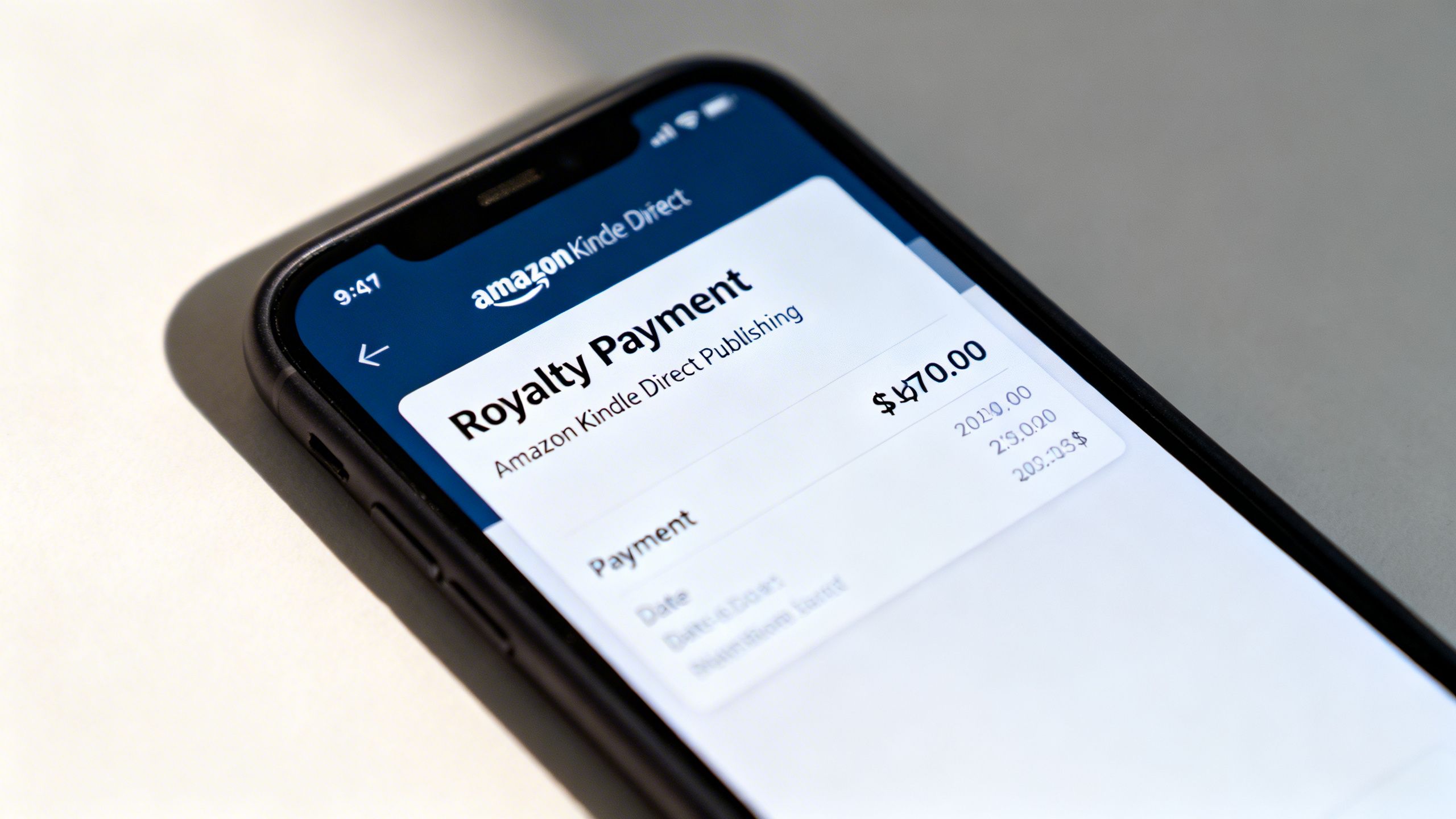 A close-up of a smartphone screen showing a royalty payment notification from Amazon Kindle Direct Publishing