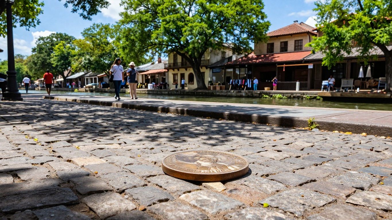 San Antonio River Walk with wooden nickel.