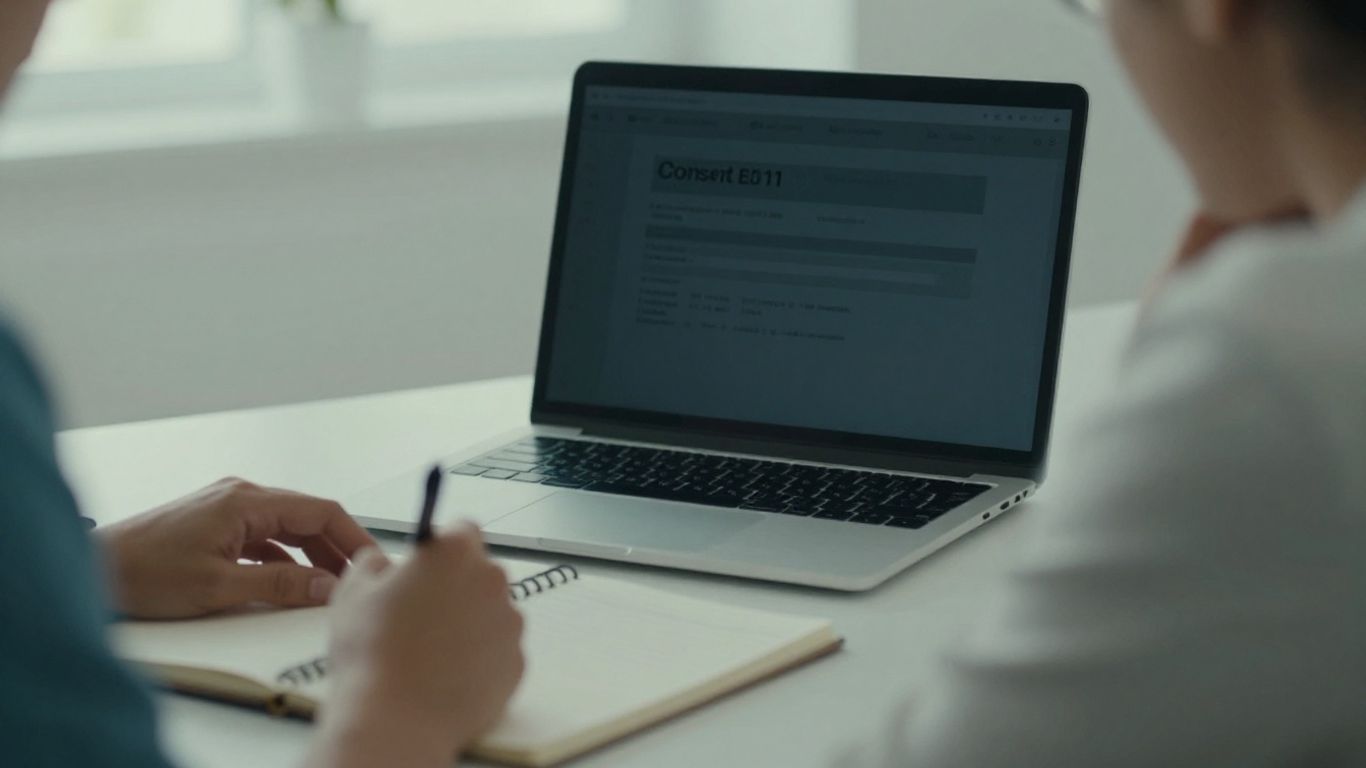 Employee considering a consent screen beside notebook