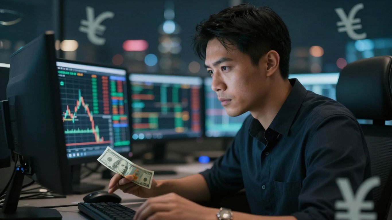 Forex trader in action, global finance backdrop.