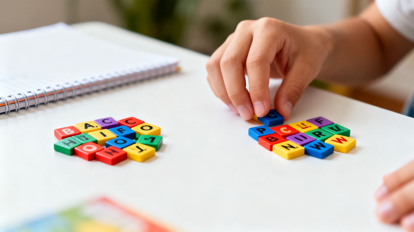 Colorful word tiles grouped by letter endings