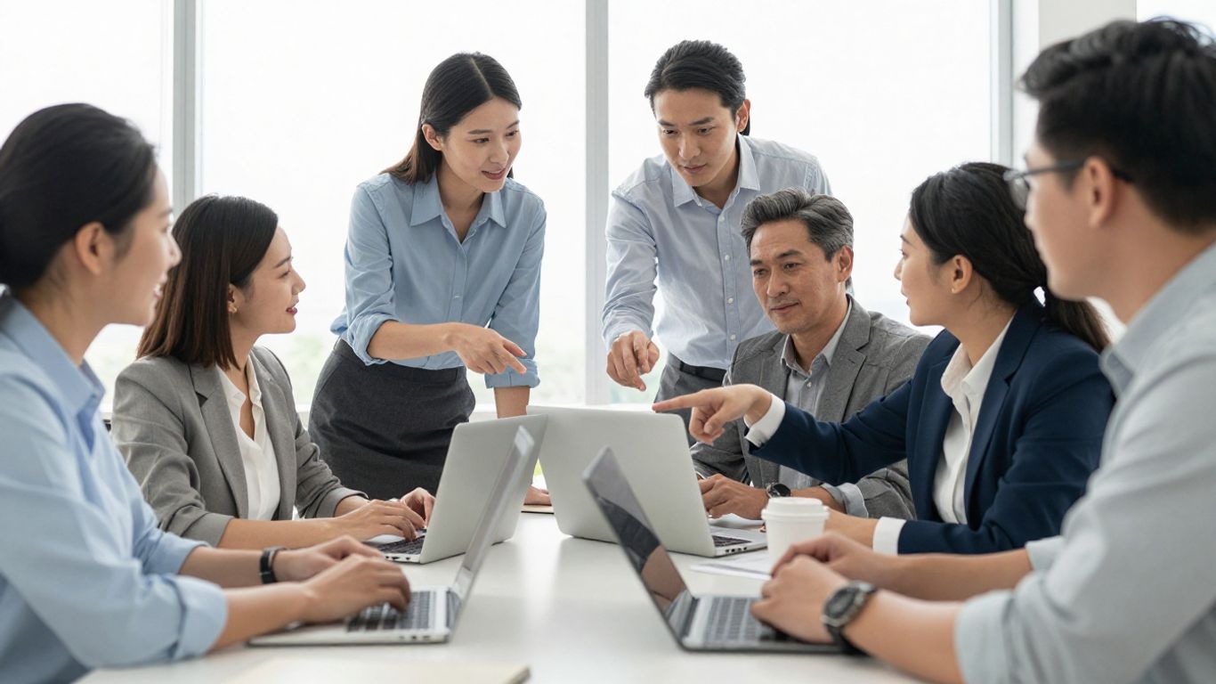 Team collaborating in a modern office, global business operations.