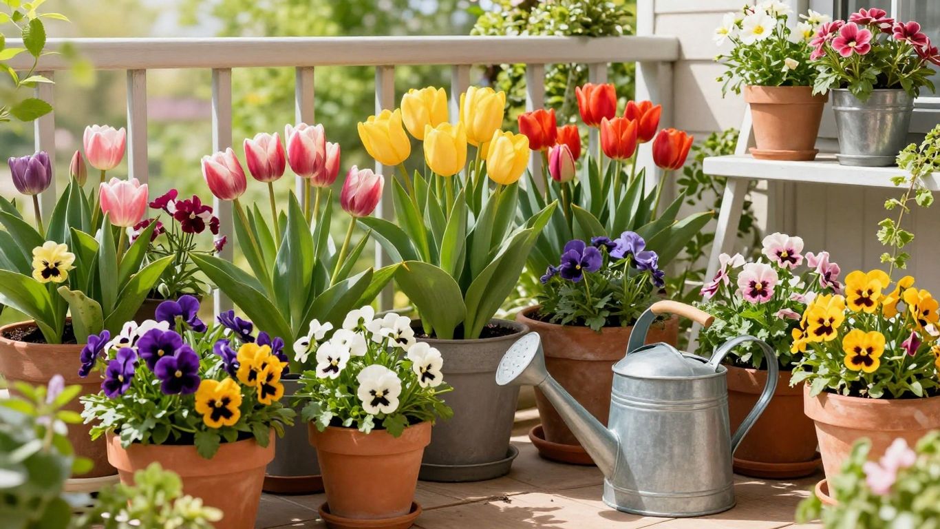 Balkon mit Frühblühern und grünen Pflanzen