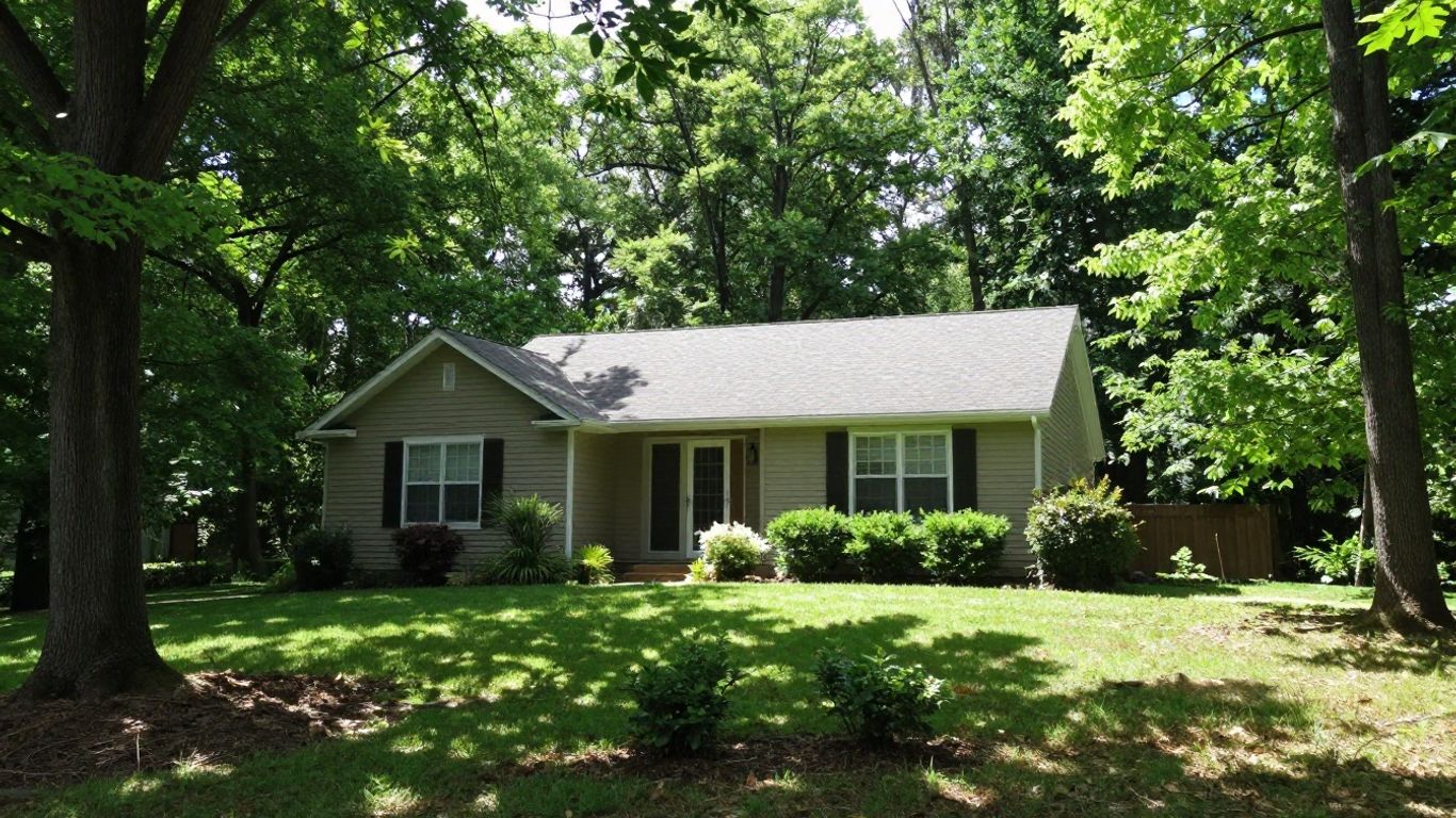 Home with defensible space buffer zone against forest.